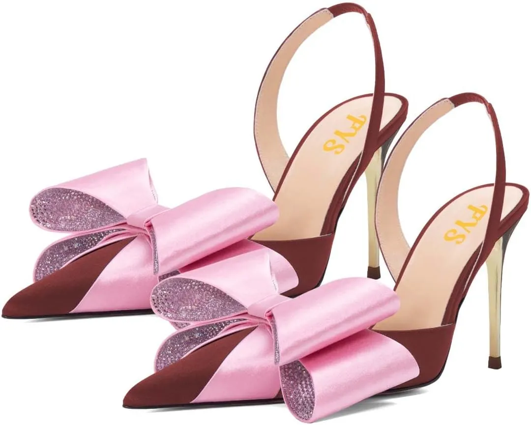 FYS Women's Elegant Closed Pointed Toe Sandal Stiletto High Heel Slingback Sparkly Rhinestone Bowknot Pump Patchwork Slip On Dress Prom Evening Shoes Size 4-16 US