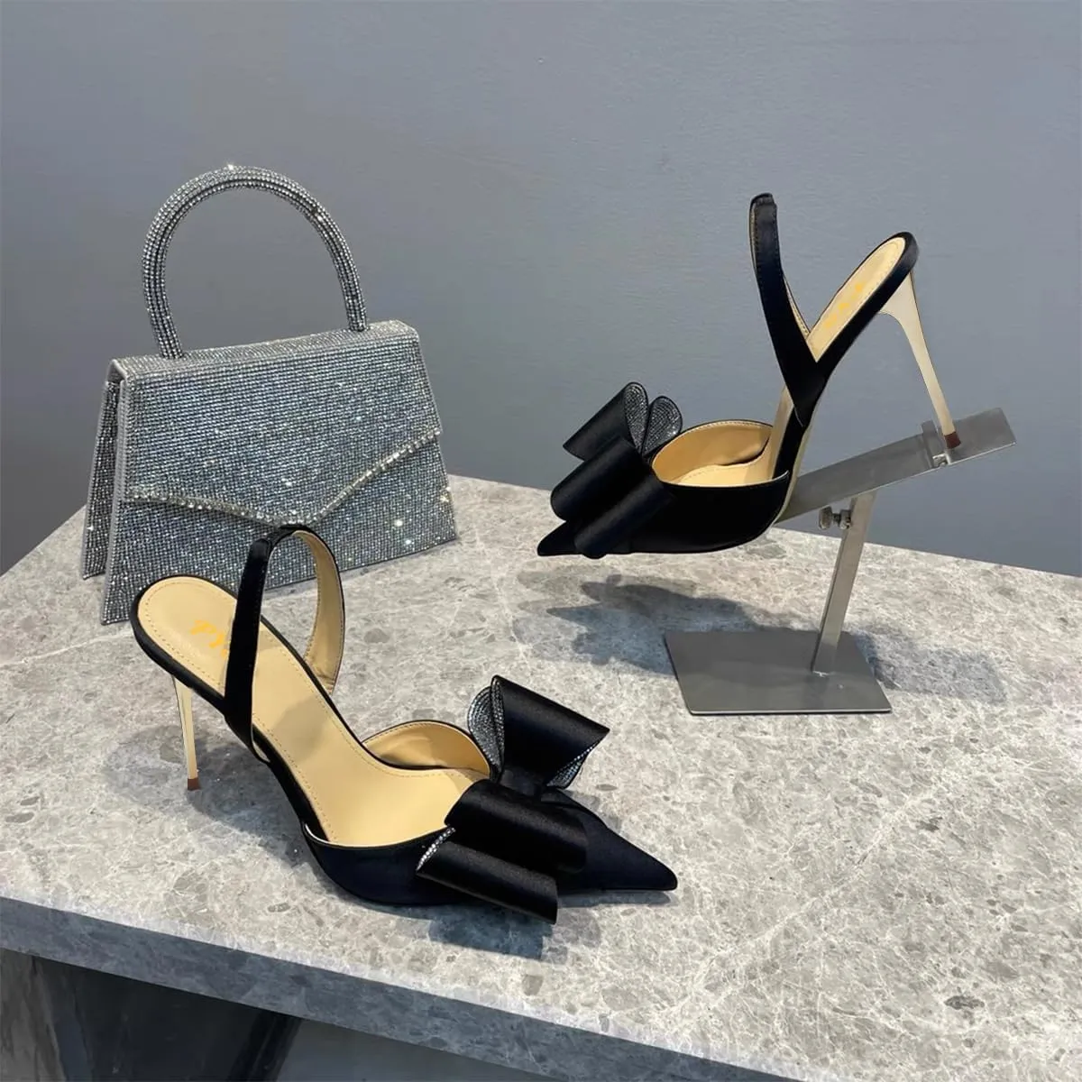 FYS Women's Elegant Closed Pointed Toe Sandal Stiletto High Heel Slingback Sparkly Rhinestone Bowknot Pump Patchwork Slip On Dress Prom Evening Shoes Size 4-16 US