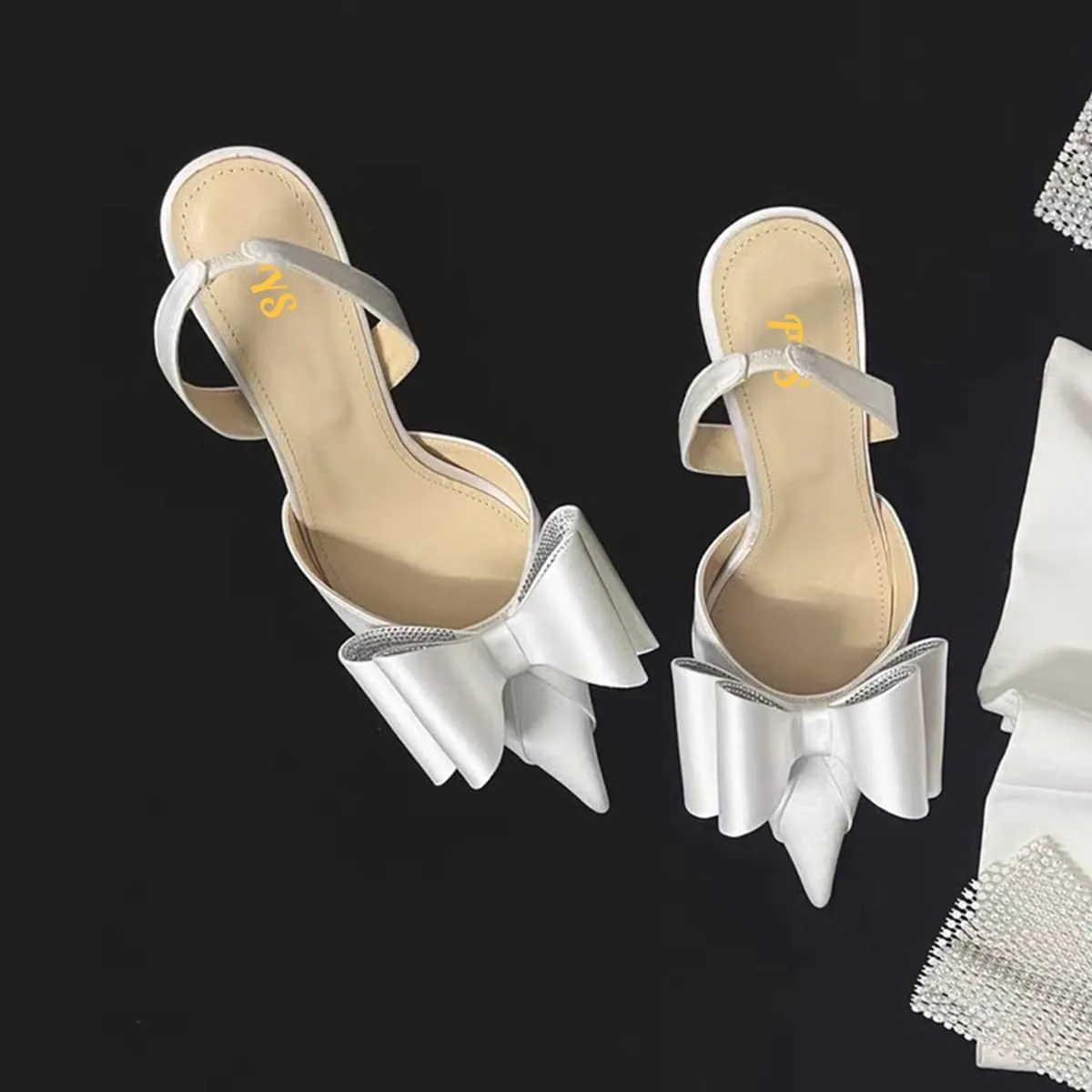 FYS Women's Elegant Closed Pointed Toe Sandal Stiletto High Heel Slingback Sparkly Rhinestone Bowknot Pump Patchwork Slip On Dress Prom Evening Shoes Size 4-16 US