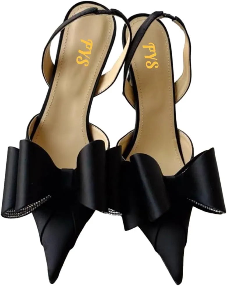 FYS Women's Elegant Closed Pointed Toe Sandal Stiletto High Heel Slingback Sparkly Rhinestone Bowknot Pump Patchwork Slip On Dress Prom Evening Shoes Size 4-16 US