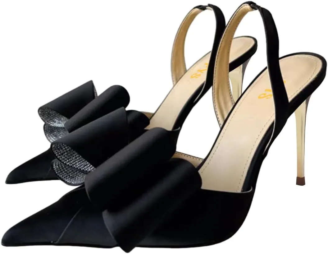 FYS Women's Elegant Closed Pointed Toe Sandal Stiletto High Heel Slingback Sparkly Rhinestone Bowknot Pump Patchwork Slip On Dress Prom Evening Shoes Size 4-16 US