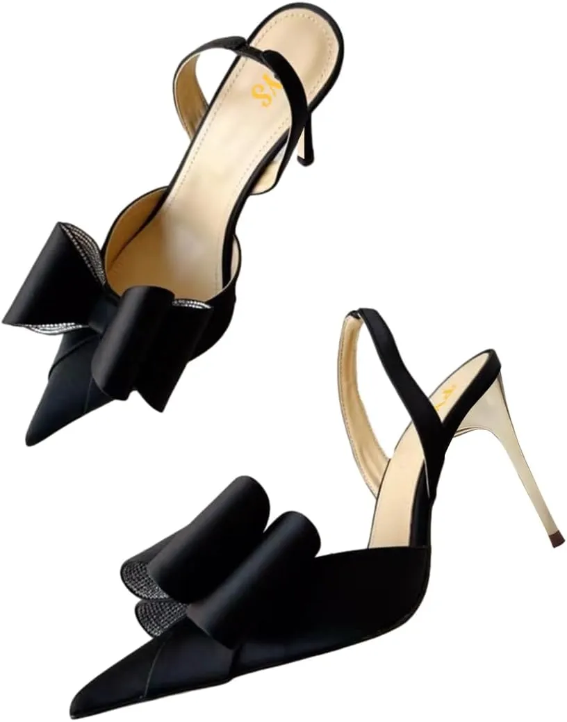 FYS Women's Elegant Closed Pointed Toe Sandal Stiletto High Heel Slingback Sparkly Rhinestone Bowknot Pump Patchwork Slip On Dress Prom Evening Shoes Size 4-16 US