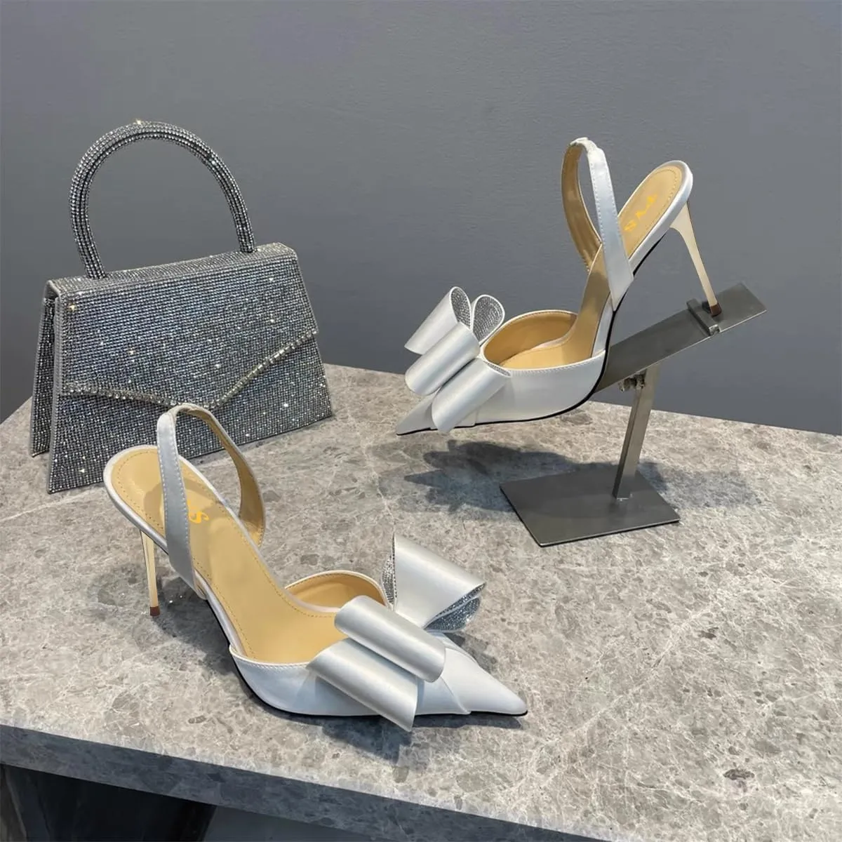 FYS Women's Elegant Closed Pointed Toe Sandal Stiletto High Heel Slingback Sparkly Rhinestone Bowknot Pump Patchwork Slip On Dress Prom Evening Shoes Size 4-16 US