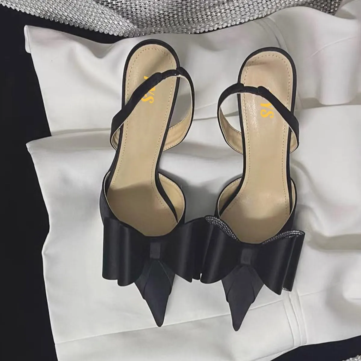 FYS Women's Elegant Closed Pointed Toe Sandal Stiletto High Heel Slingback Sparkly Rhinestone Bowknot Pump Patchwork Slip On Dress Prom Evening Shoes Size 4-16 US