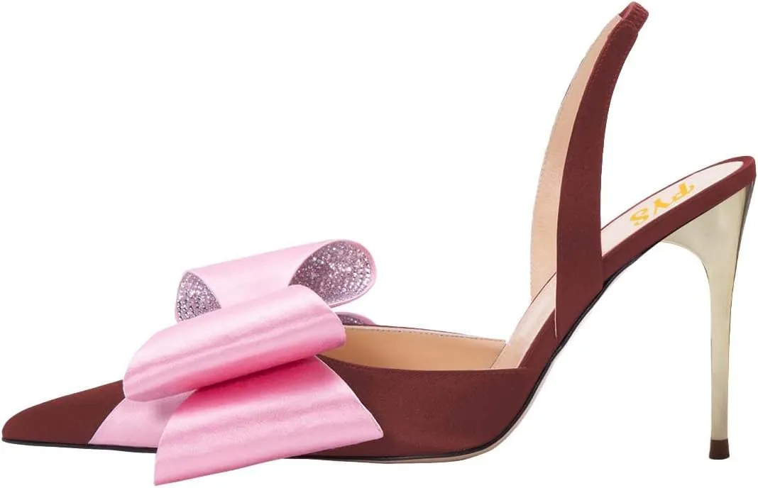 FYS Women's Elegant Closed Pointed Toe Sandal Stiletto High Heel Slingback Sparkly Rhinestone Bowknot Pump Patchwork Slip On Dress Prom Evening Shoes Size 4-16 US