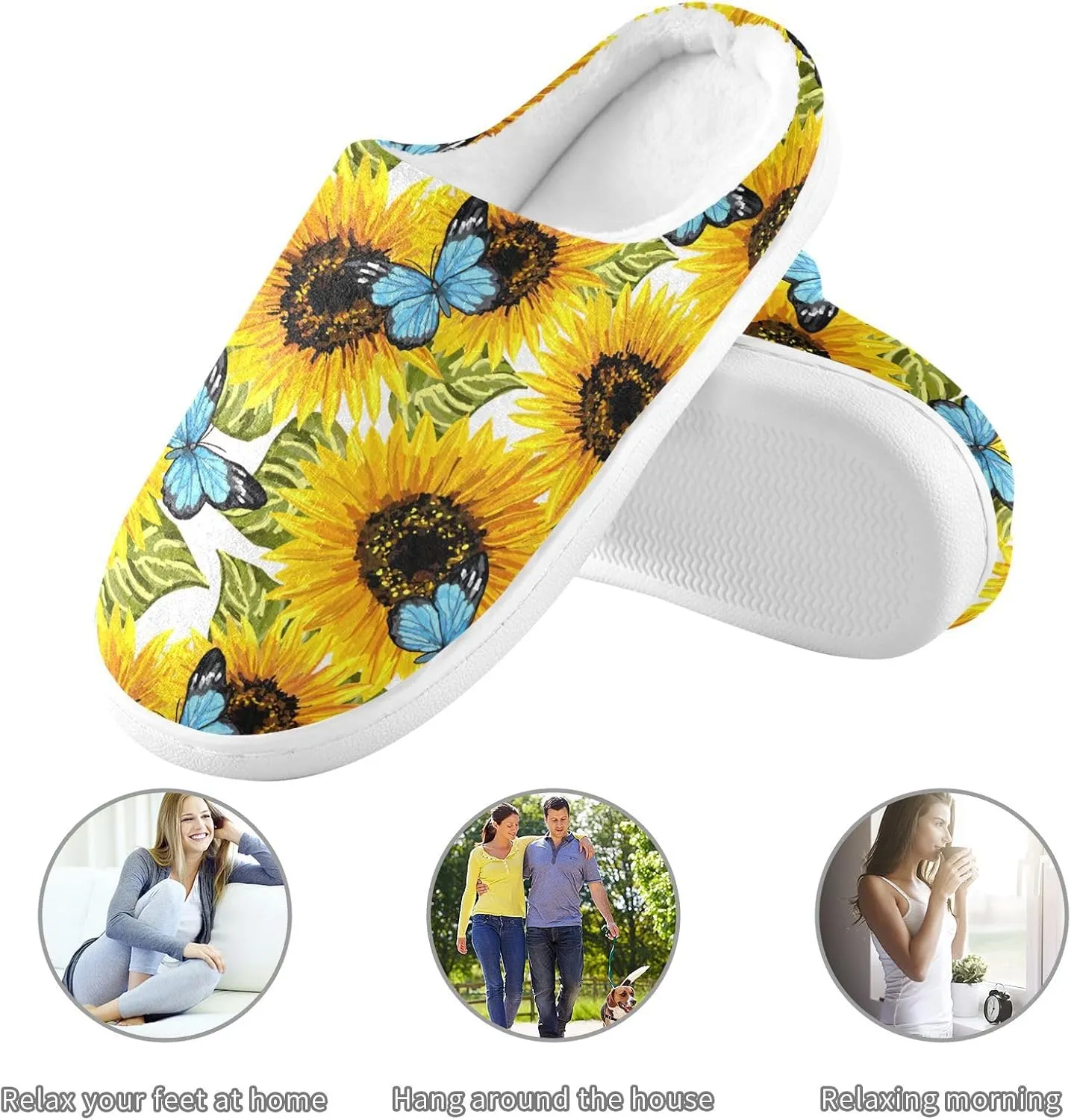 GAIGEO Mens House Slippers Sunny Sunflowers Blue, Memory Foam Warm Slippers for Women, Soft Comfort for Home or Outdoor Use