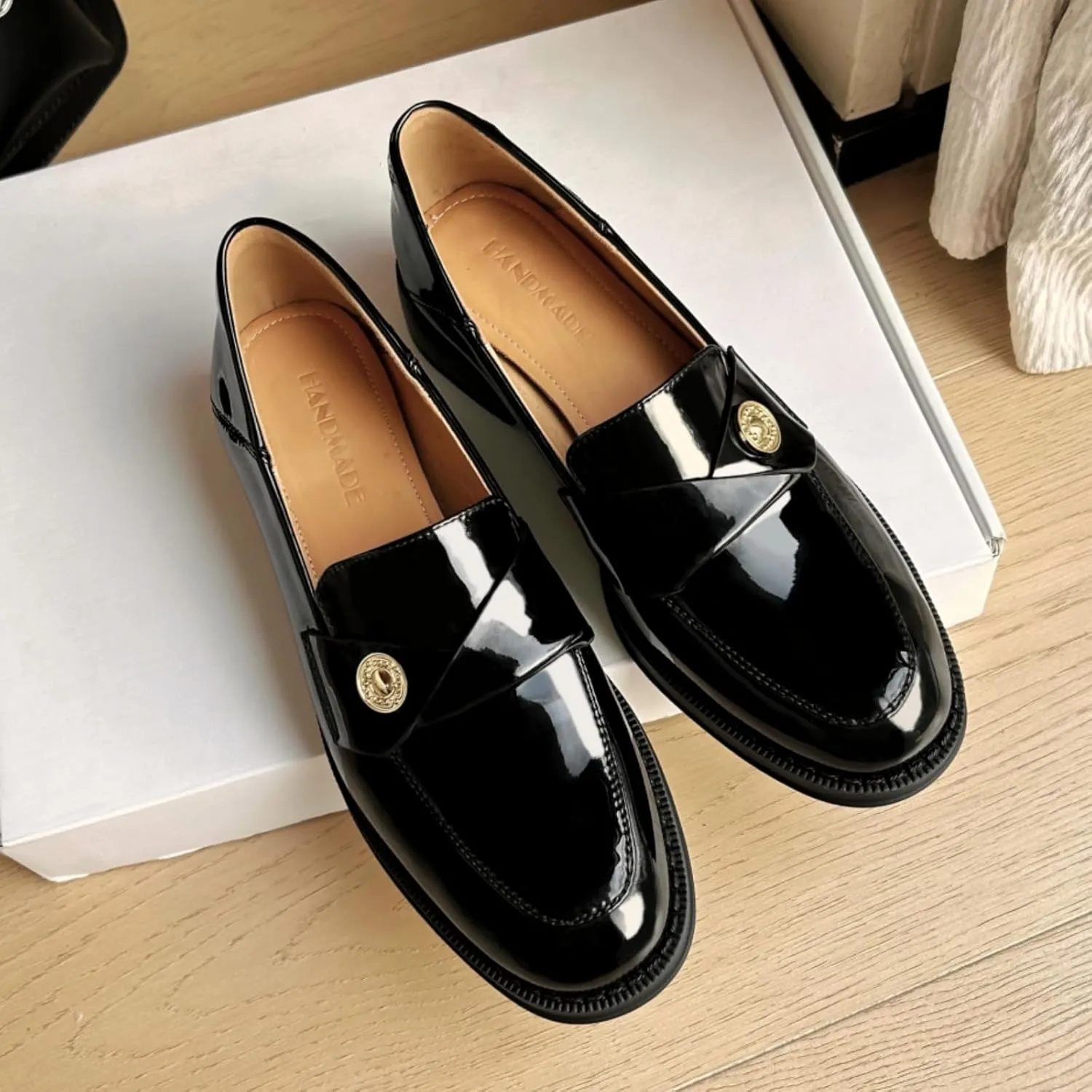 Genuine Leather Womens Loafers - Black Closed Round Toe Slip-on Penny Loafers for Women, Comfortable Business Casual Dress Leather Shoes