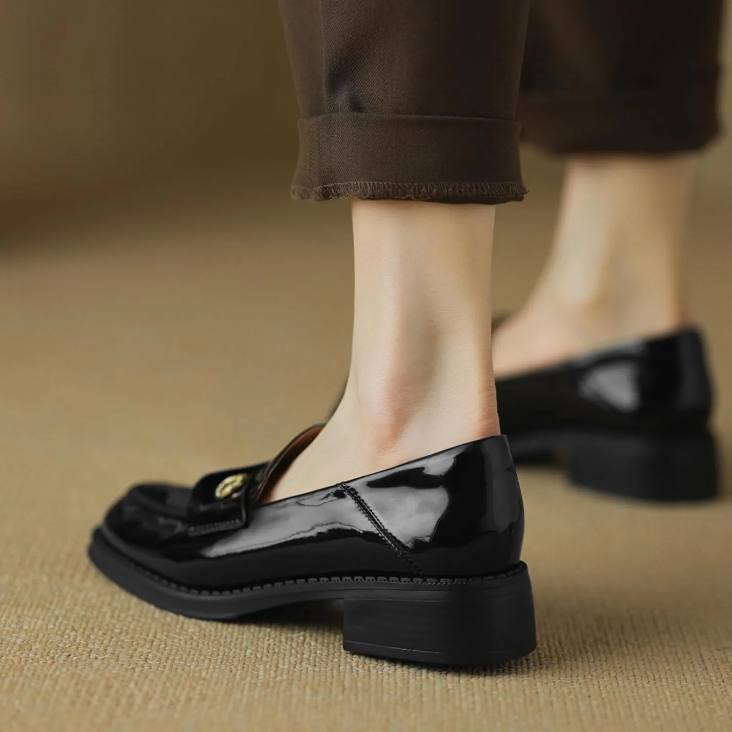 Genuine Leather Womens Loafers - Black Closed Round Toe Slip-on Penny Loafers for Women, Comfortable Business Casual Dress Leather Shoes