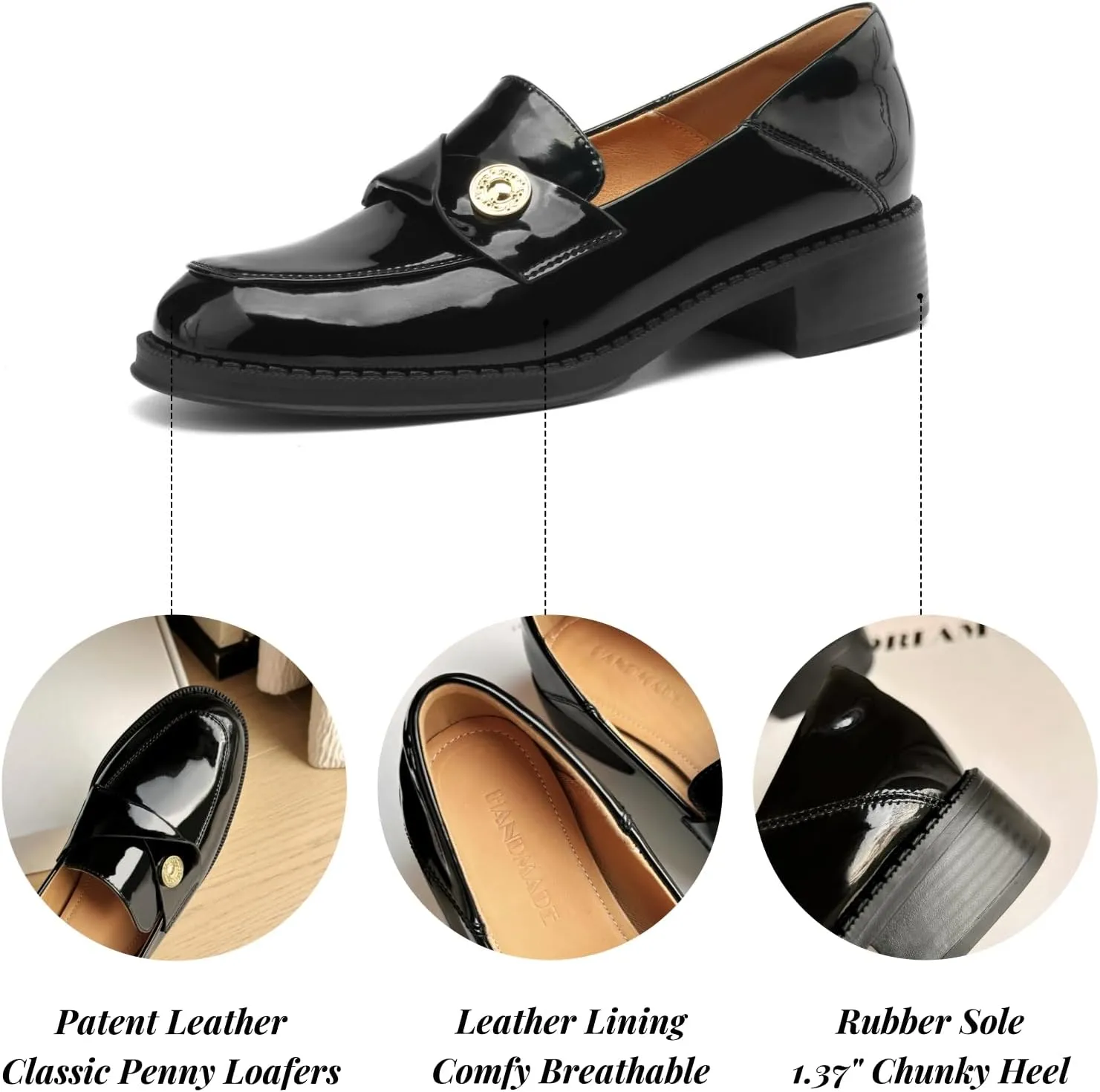 Genuine Leather Womens Loafers - Black Closed Round Toe Slip-on Penny Loafers for Women, Comfortable Business Casual Dress Leather Shoes