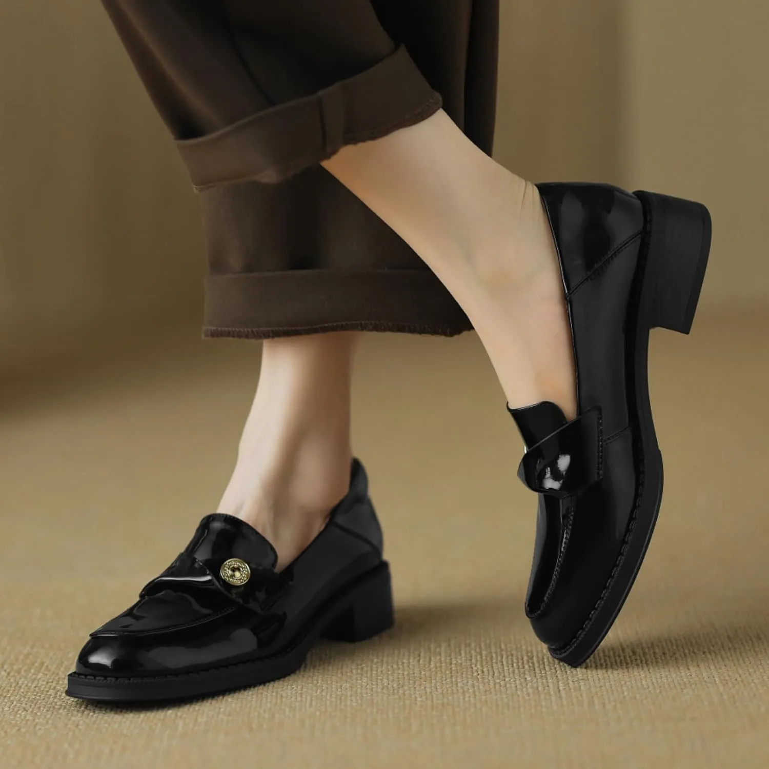 Genuine Leather Womens Loafers - Black Closed Round Toe Slip-on Penny Loafers for Women, Comfortable Business Casual Dress Leather Shoes