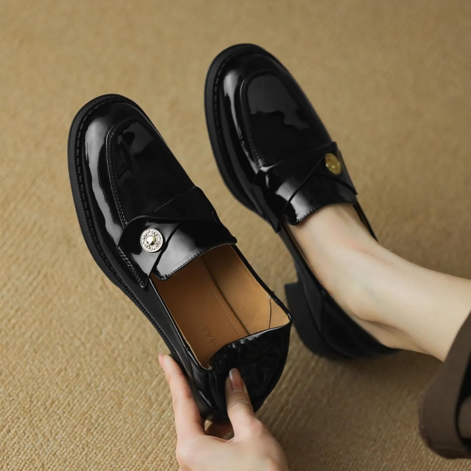 Genuine Leather Womens Loafers - Black Closed Round Toe Slip-on Penny Loafers for Women, Comfortable Business Casual Dress Leather Shoes