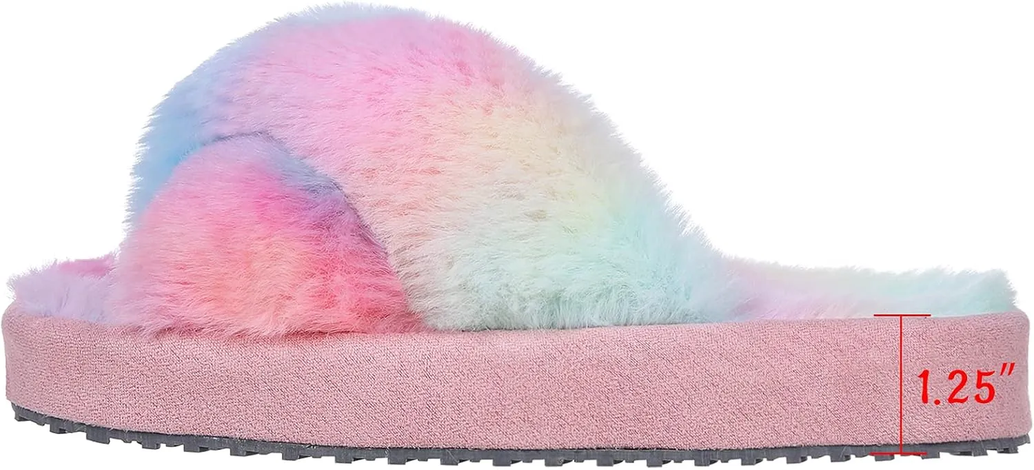 Girl's Soft Plush Lightweight House Slippers Non Slip Cross Band Slip on Open Toe Cozy Indoor Outdoor Slippers