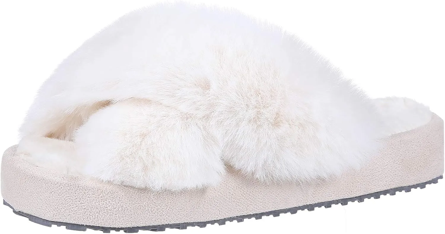 Girl's Soft Plush Lightweight House Slippers Non Slip Cross Band Slip on Open Toe Cozy Indoor Outdoor Slippers