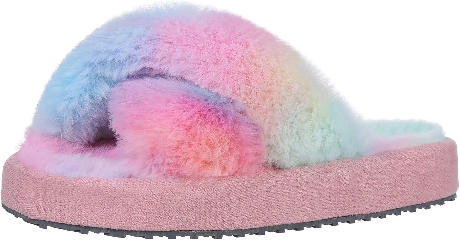 Girl's Soft Plush Lightweight House Slippers Non Slip Cross Band Slip on Open Toe Cozy Indoor Outdoor Slippers