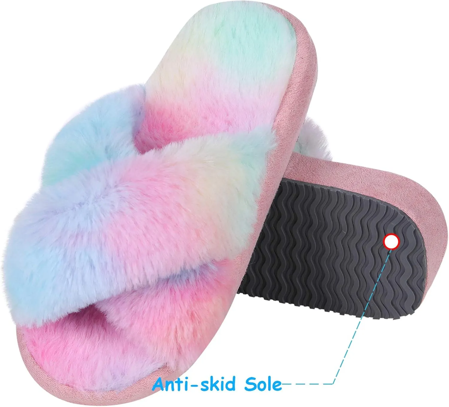 Girl's Soft Plush Lightweight House Slippers Non Slip Cross Band Slip on Open Toe Cozy Indoor Outdoor Slippers