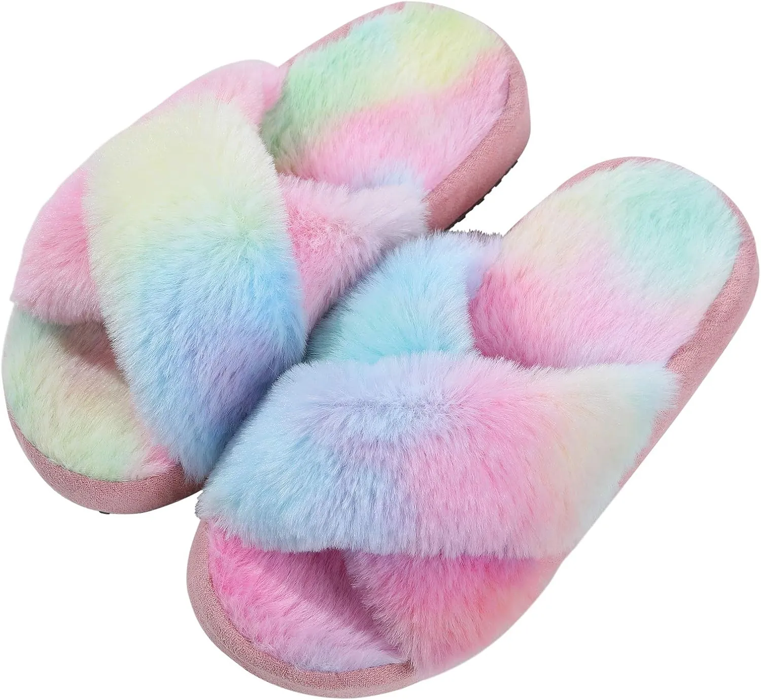 Girl's Soft Plush Lightweight House Slippers Non Slip Cross Band Slip on Open Toe Cozy Indoor Outdoor Slippers