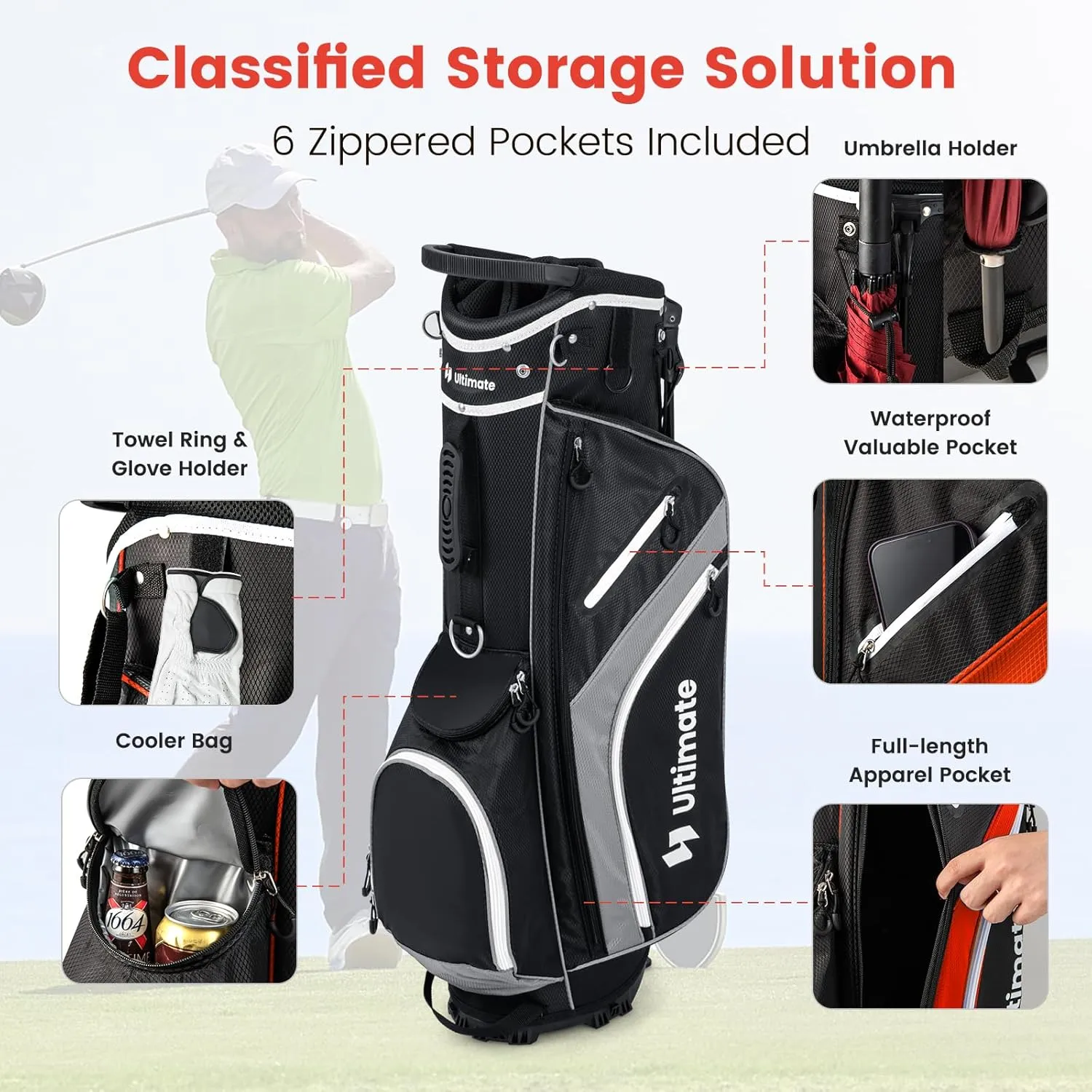 Goplus 14 Way Top Dividers Golf Stand Bag, Lightweight Golf Clubs Bag with Cooler Bag, 6 Zippered Pockets, Dual Shoulder Straps, Rain Hood, Portable Golf Bag with Stand for Men Women