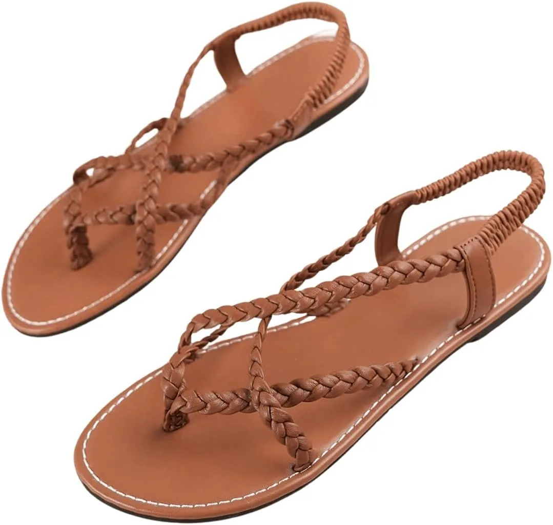 GORGLITTER Women's Leather Braided Ankle Strap Sandal Dressy Cute Thong Slippers Summer Vacation Flats Sandals 2025