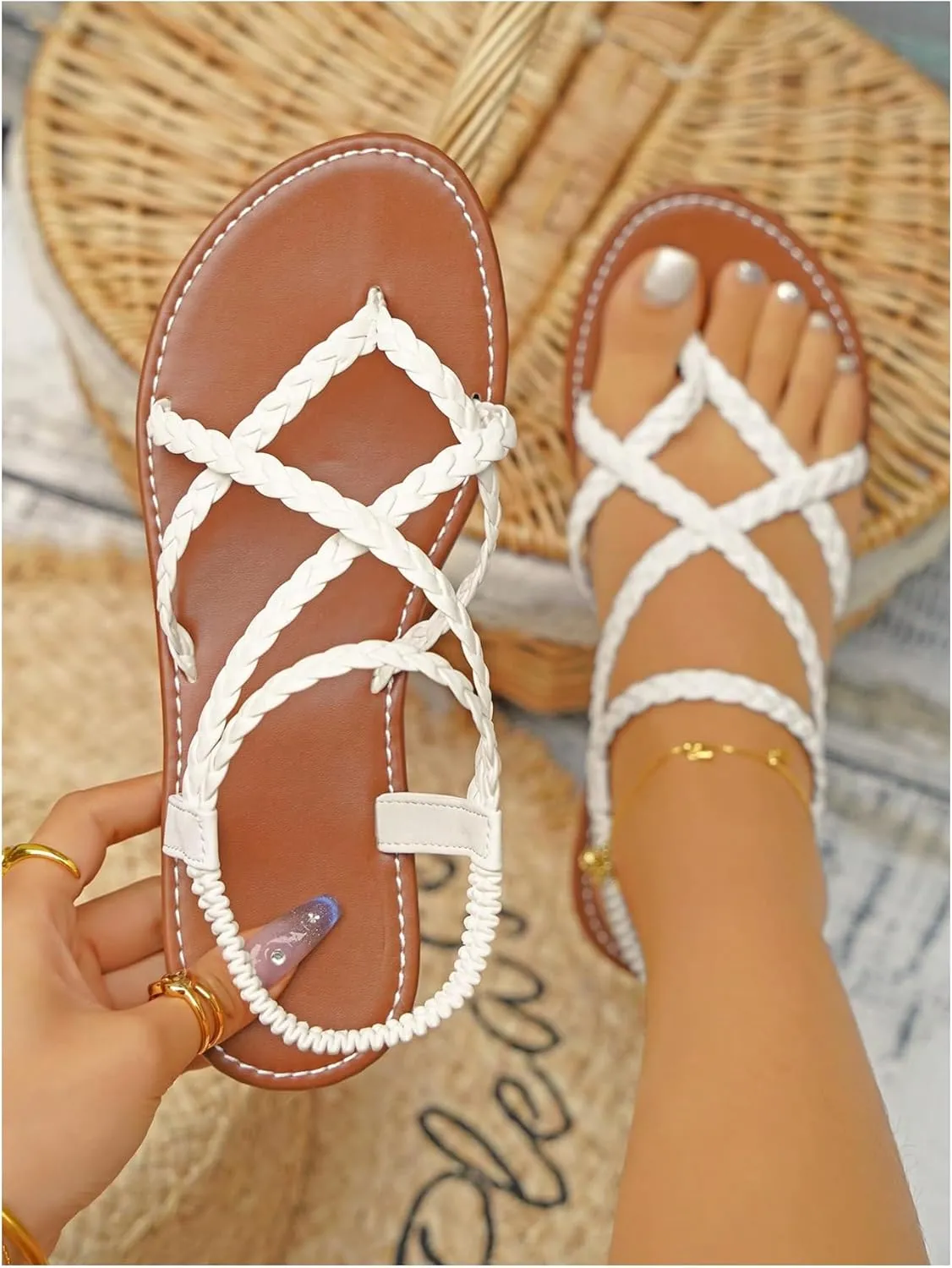 GORGLITTER Women's Leather Braided Ankle Strap Sandal Dressy Cute Thong Slippers Summer Vacation Flats Sandals 2025