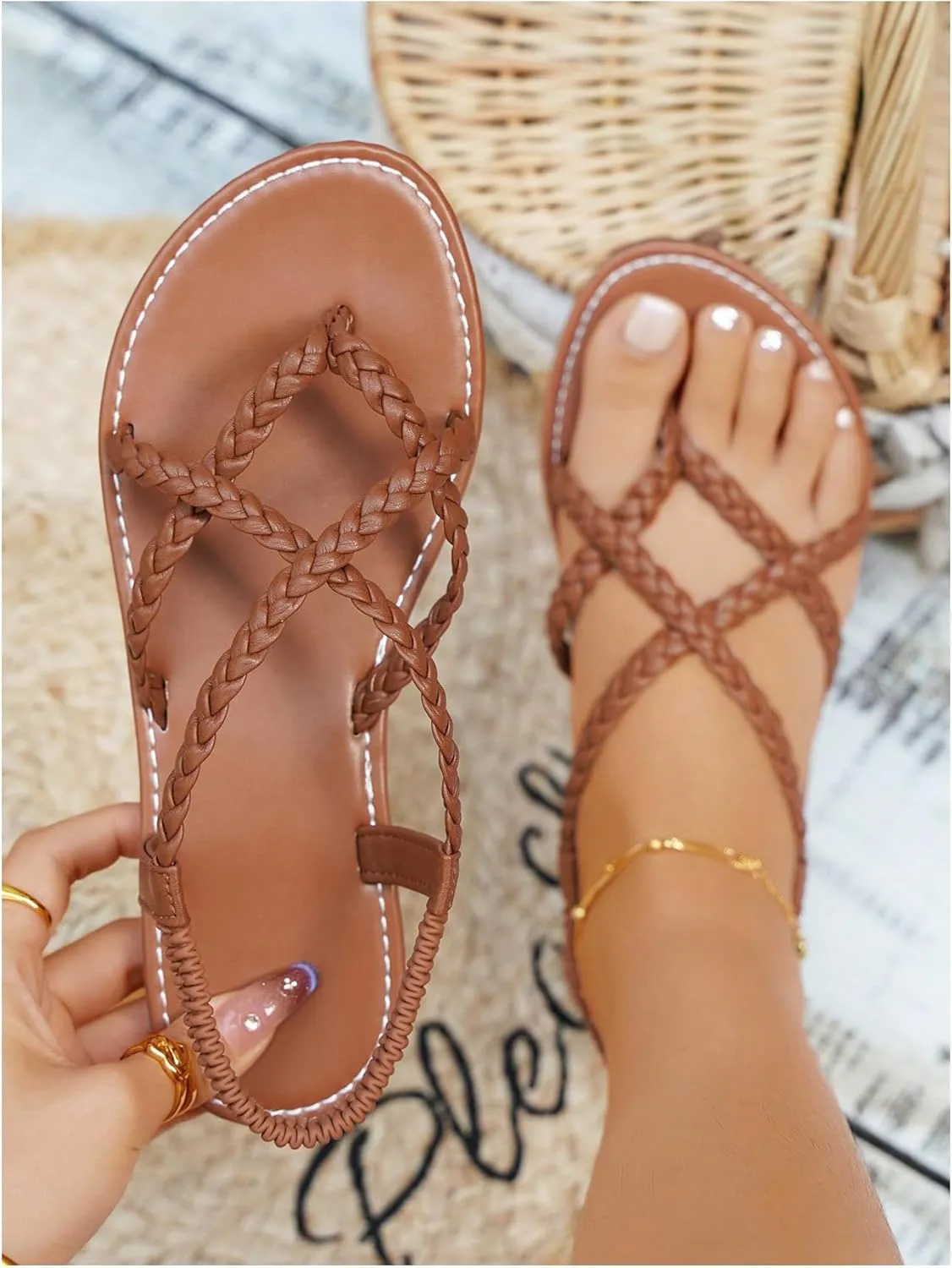 GORGLITTER Women's Leather Braided Ankle Strap Sandal Dressy Cute Thong Slippers Summer Vacation Flats Sandals 2025