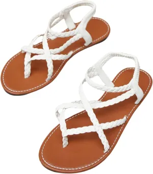 GORGLITTER Women's Leather Braided Ankle Strap Sandal Dressy Cute Thong Slippers Summer Vacation Flats Sandals 2025