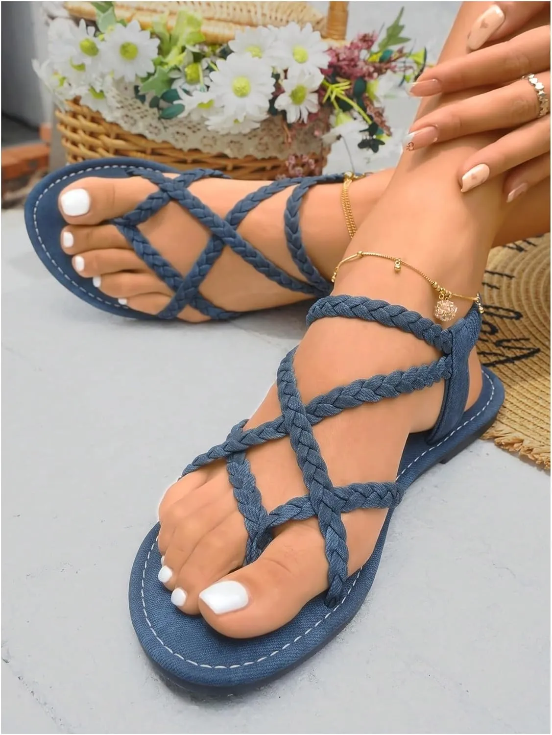 GORGLITTER Women's Leather Braided Ankle Strap Sandal Dressy Cute Thong Slippers Summer Vacation Flats Sandals 2025