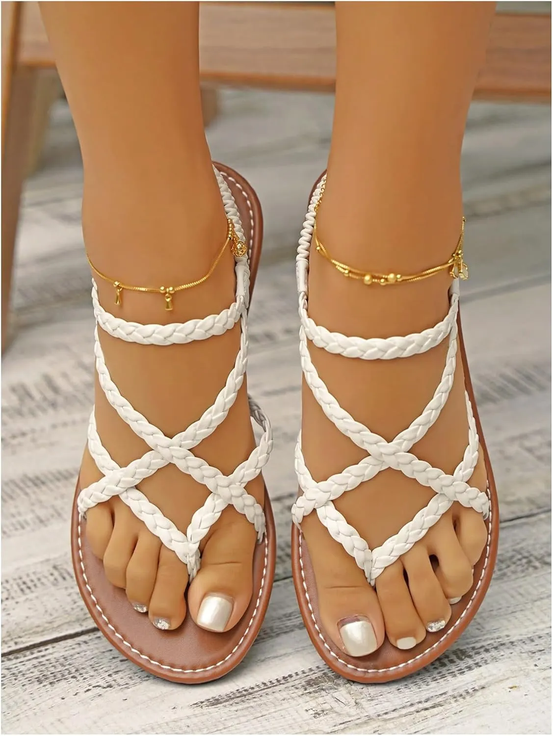 GORGLITTER Women's Leather Braided Ankle Strap Sandal Dressy Cute Thong Slippers Summer Vacation Flats Sandals 2025