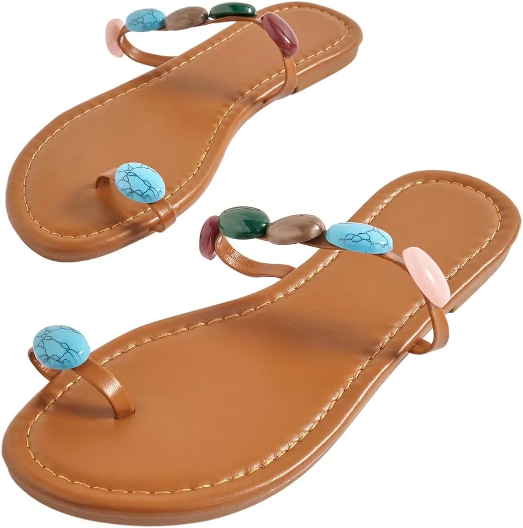 GORGLITTER Women's Toe Ring Thong Flat Sandals Gemstone Decor Slip On Boho Slide Sandal Flip Flops