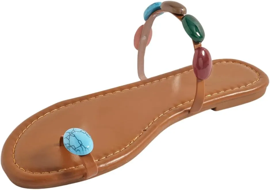 GORGLITTER Women's Toe Ring Thong Flat Sandals Gemstone Decor Slip On Boho Slide Sandal Flip Flops