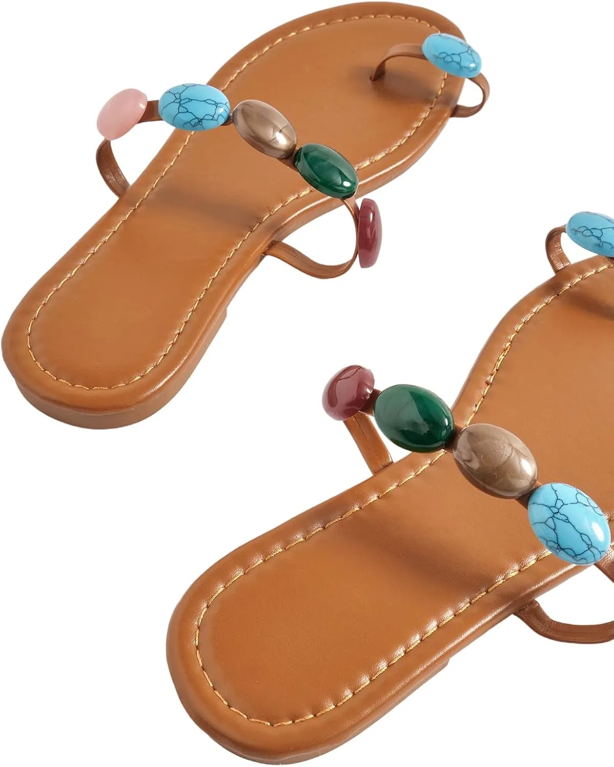 GORGLITTER Women's Toe Ring Thong Flat Sandals Gemstone Decor Slip On Boho Slide Sandal Flip Flops