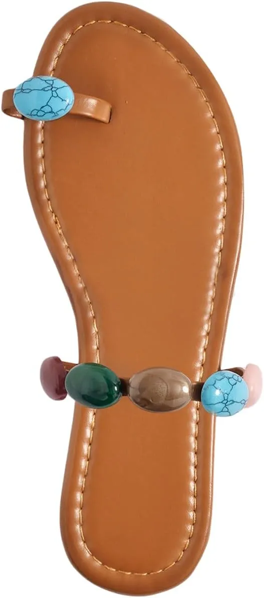 GORGLITTER Women's Toe Ring Thong Flat Sandals Gemstone Decor Slip On Boho Slide Sandal Flip Flops
