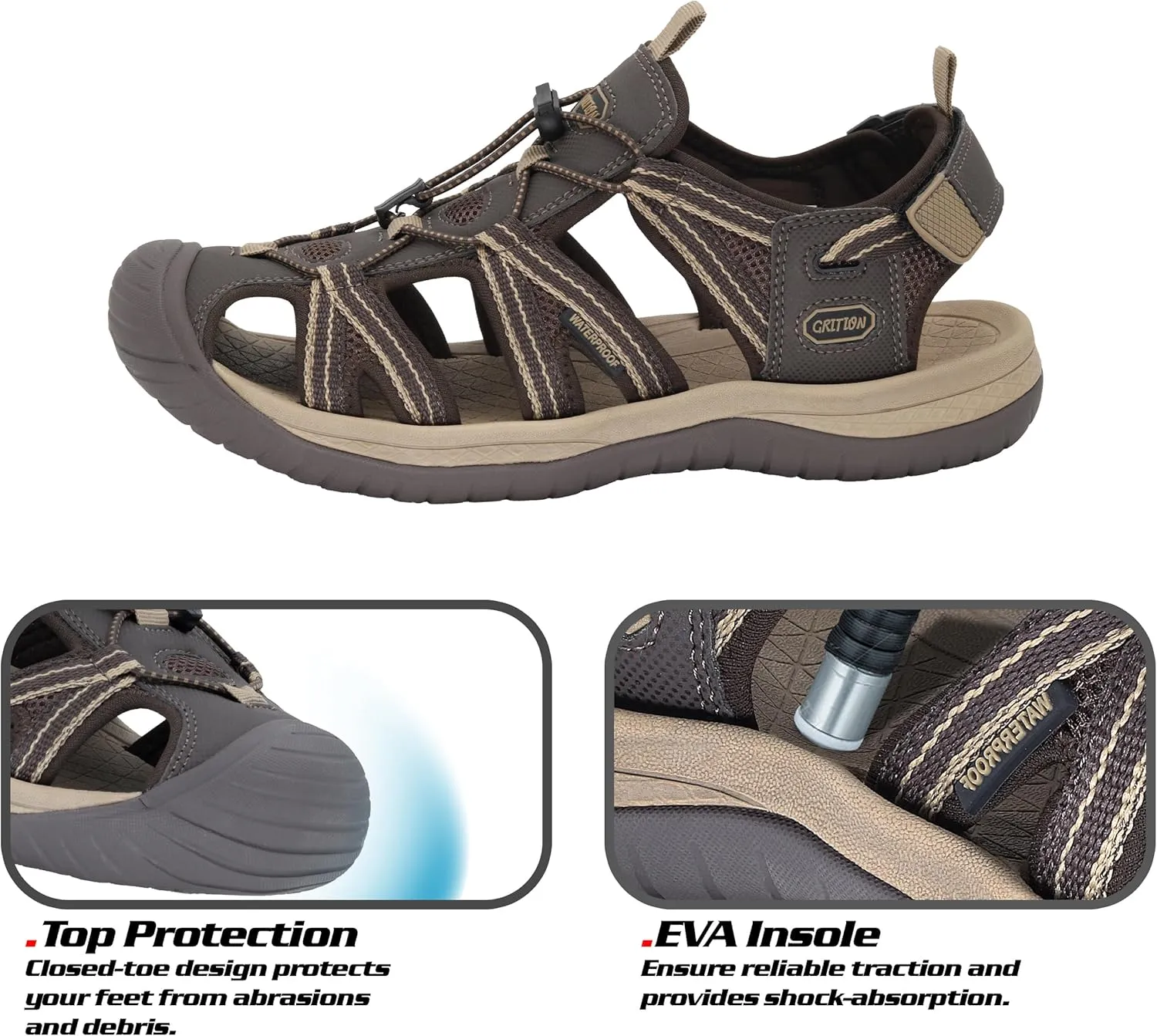 GRITION Mens Outdoor Hiking Sandals Summer Beach Closed Toe Water Sandal Waterproof Comfortable Fisherman Adventures Sport Athletic Walking Traveling Shoes Sandles