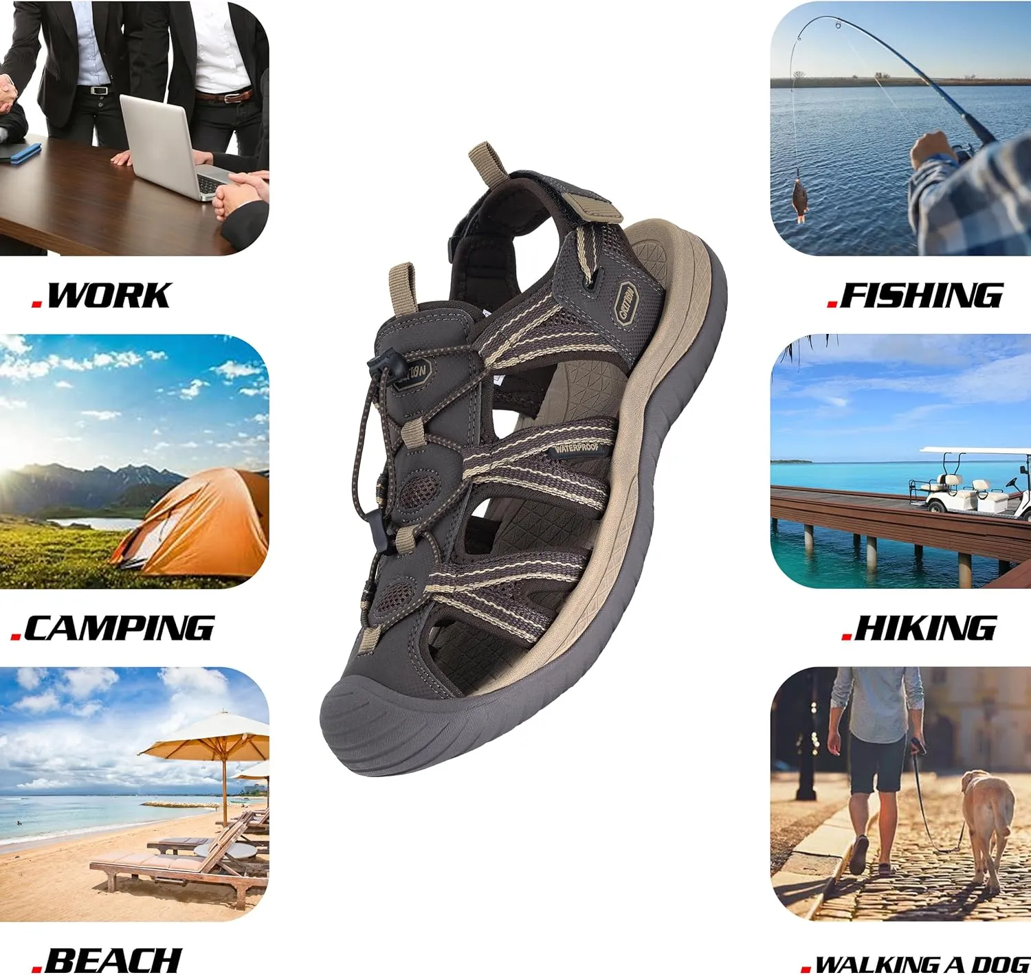 GRITION Mens Outdoor Hiking Sandals Summer Beach Closed Toe Water Sandal Waterproof Comfortable Fisherman Adventures Sport Athletic Walking Traveling Shoes Sandles