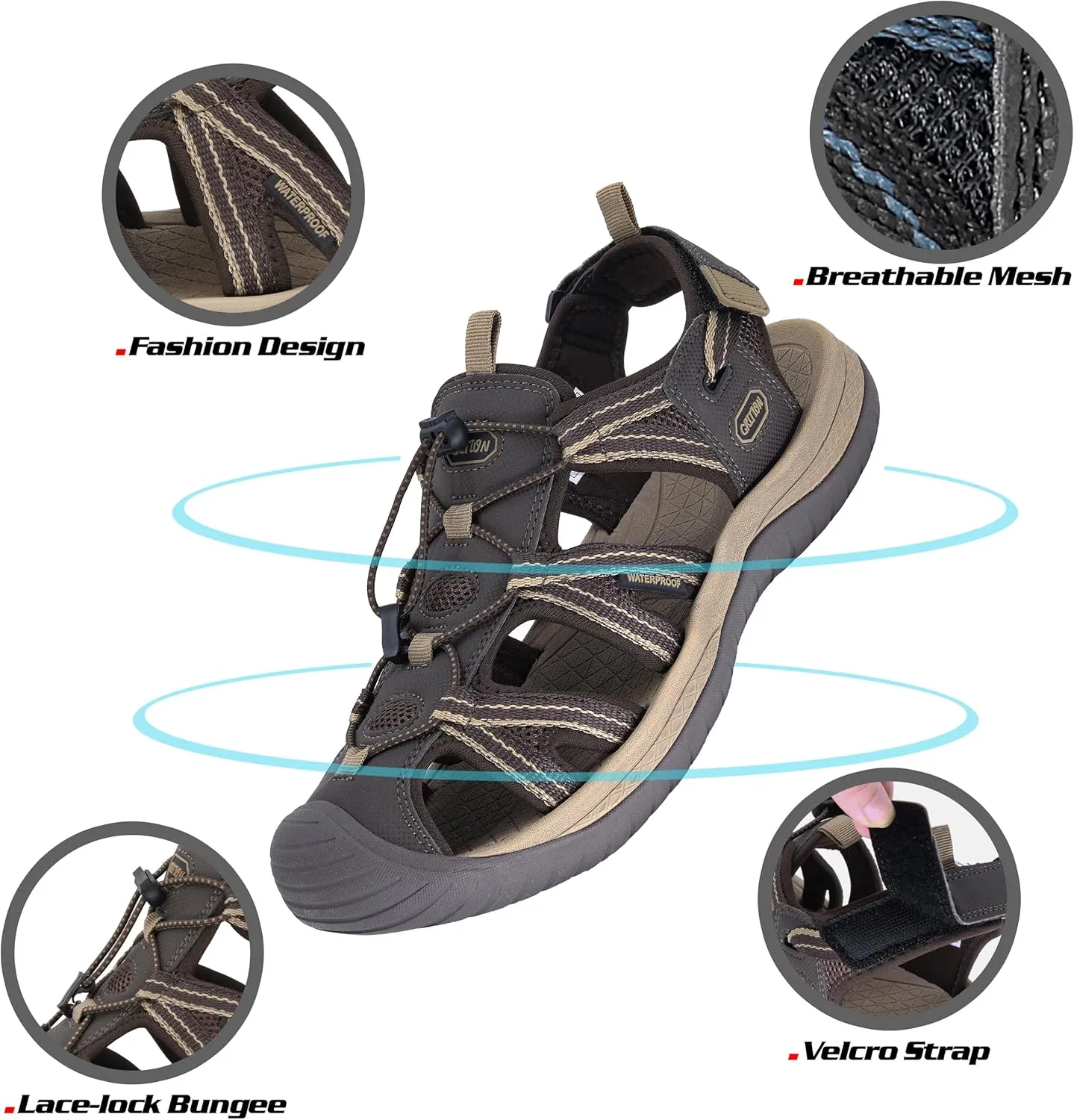 GRITION Mens Outdoor Hiking Sandals Summer Beach Closed Toe Water Sandal Waterproof Comfortable Fisherman Adventures Sport Athletic Walking Traveling Shoes Sandles