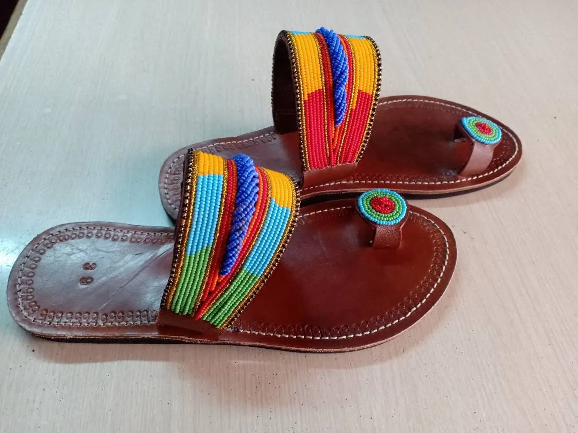 Handmade African Beaded Sandals/Authentic Maasai-Style Leather Flip-Flops Women/Boho Beach Sandals/Comfortable Summer Sandal African Gifts