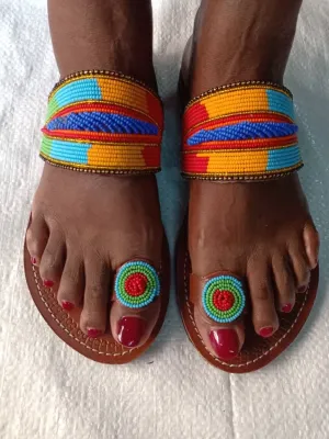 Handmade African Beaded Sandals/Authentic Maasai-Style Leather Flip-Flops Women/Boho Beach Sandals/Comfortable Summer Sandal African Gifts