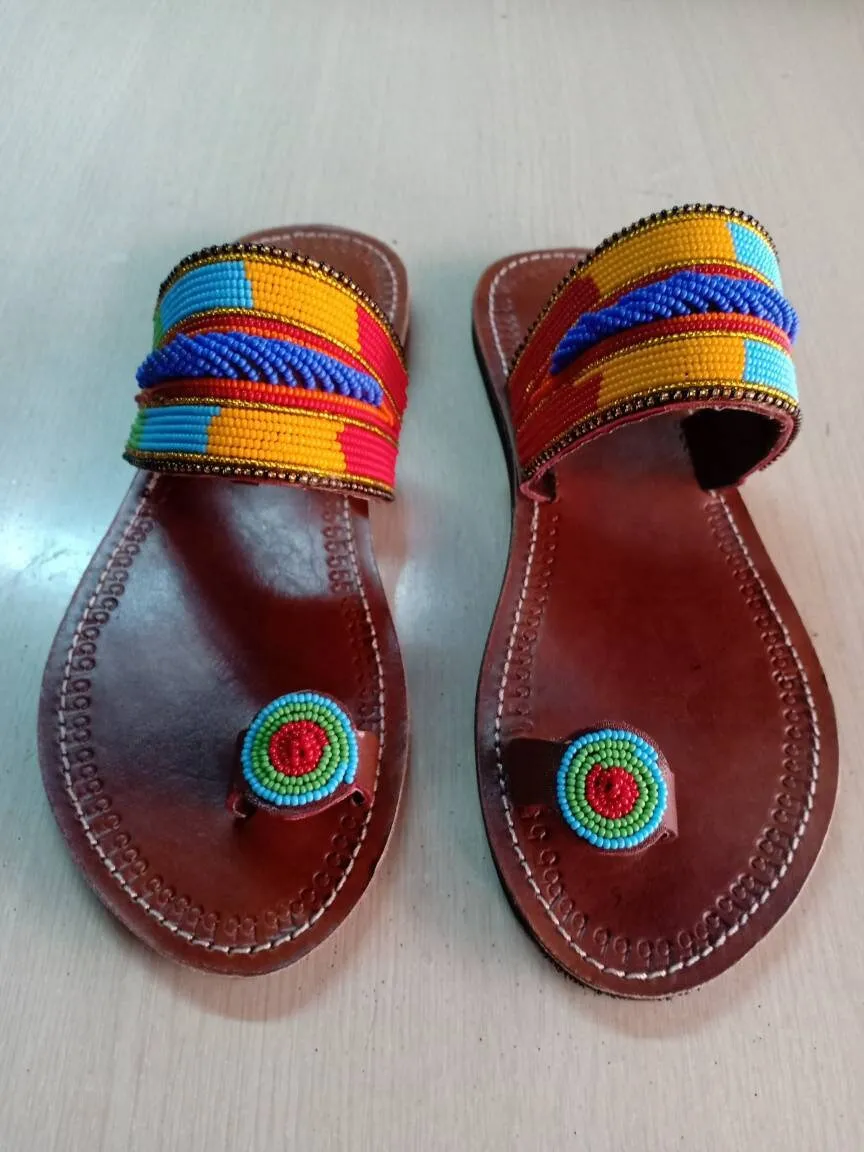 Handmade African Beaded Sandals/Authentic Maasai-Style Leather Flip-Flops Women/Boho Beach Sandals/Comfortable Summer Sandal African Gifts