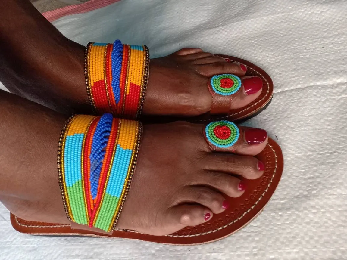 Handmade African Beaded Sandals/Authentic Maasai-Style Leather Flip-Flops Women/Boho Beach Sandals/Comfortable Summer Sandal African Gifts