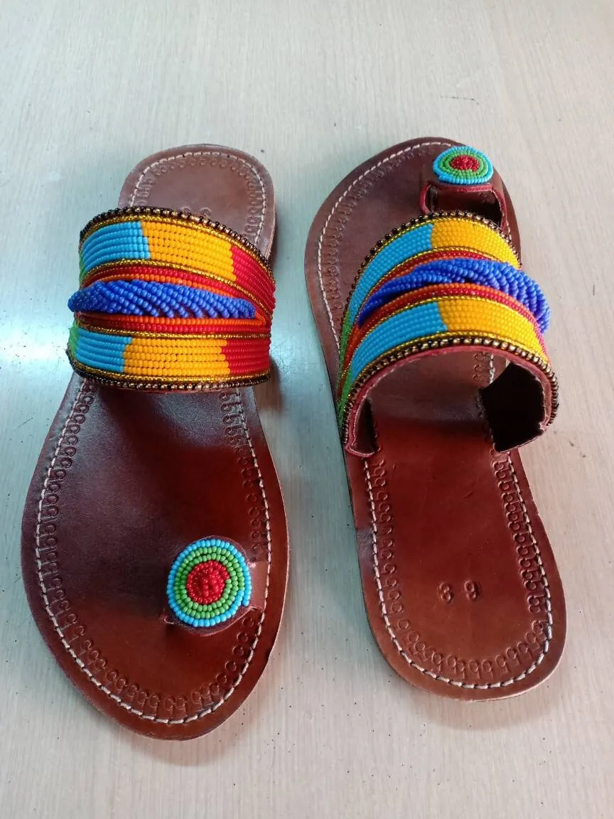 Handmade African Beaded Sandals/Authentic Maasai-Style Leather Flip-Flops Women/Boho Beach Sandals/Comfortable Summer Sandal African Gifts