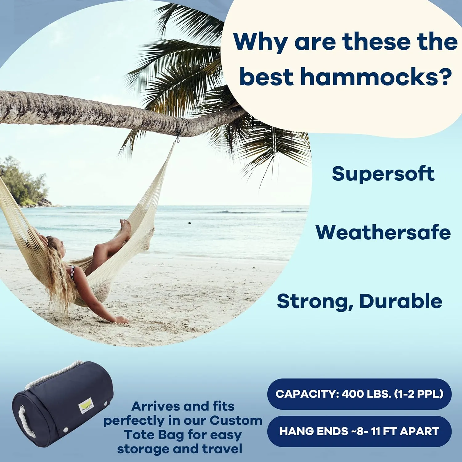 Handwoven Hammock by Yellow Leaf Hammocks - Double Size, Fits 1-2 PPL, 400lb max - Weathersafe, Super Strong, Easy to Hang, Ultra Soft, Artisan Made - Color: Natural Khaki