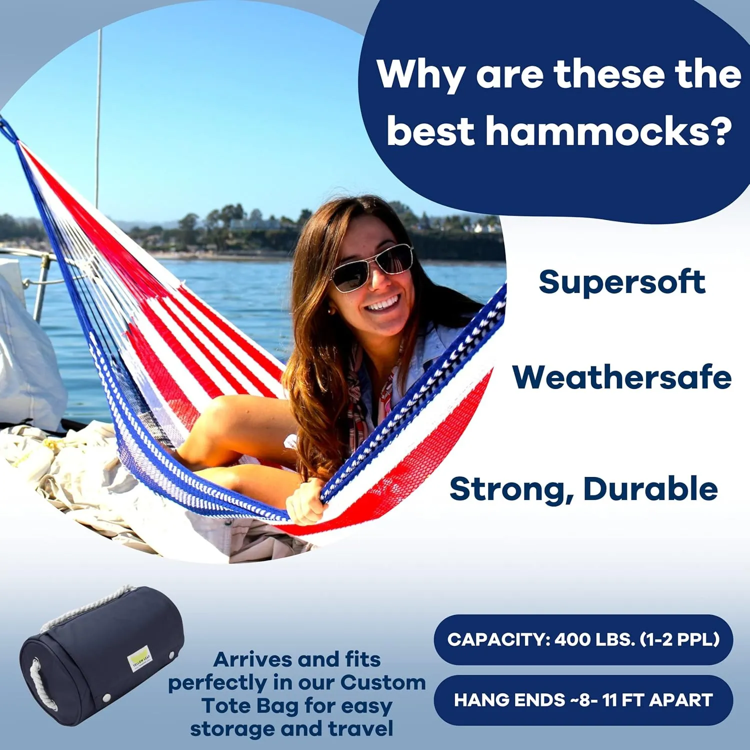 Handwoven Hammock by Yellow Leaf Hammocks - Double Size, Fits 1-2 PPL, 400lb max - Weathersafe, Super Strong, Easy to Hang, Ultra Soft, Artisan Made - Color: Red - White - Blue