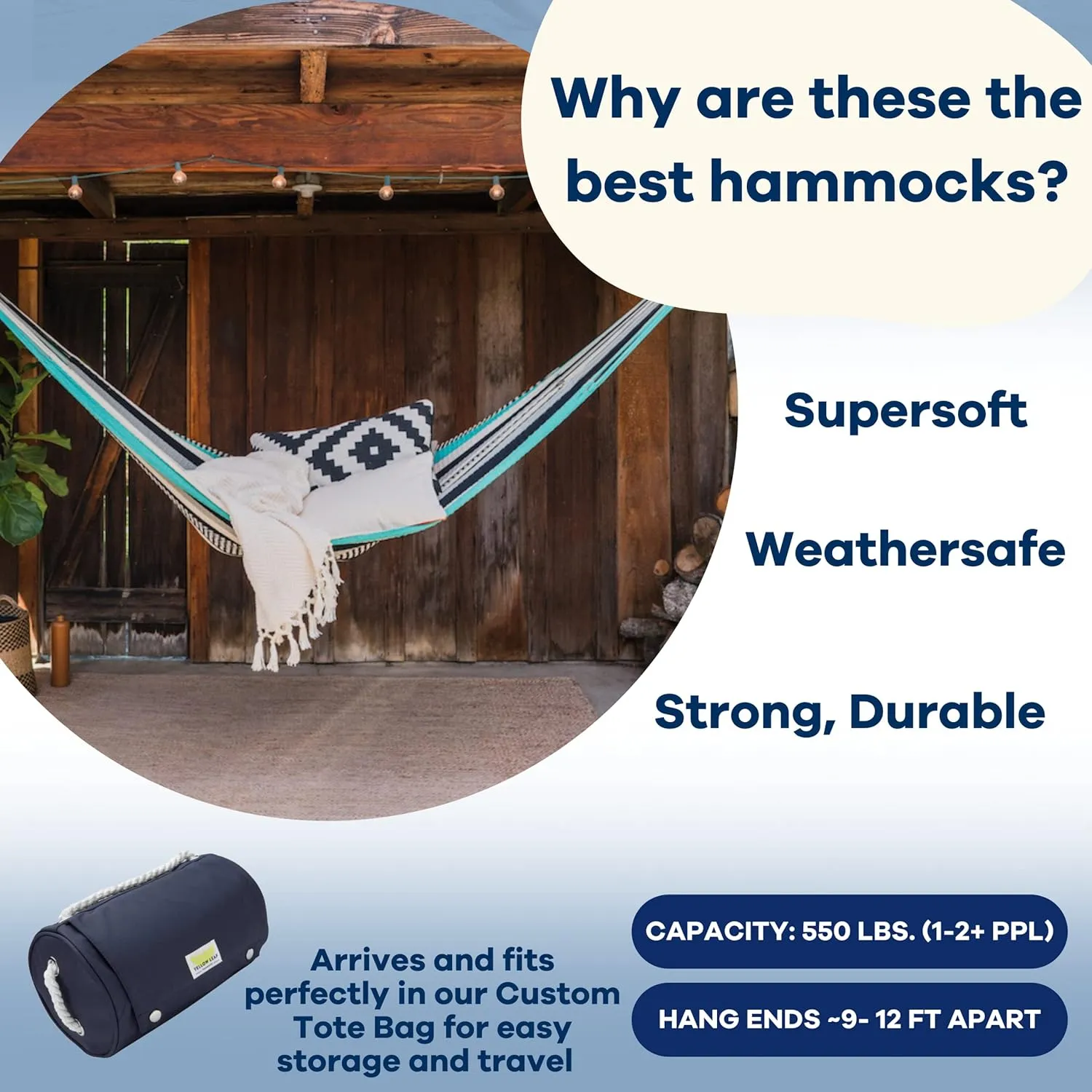 Handwoven Hammock by Yellow Leaf Hammocks - Family Size, Fits 2  PPL, 550lb max - Weathersafe, Super Strong, Easy to Hang, Ultra Soft, Artisan Made - Color: Turquoise - Black -White