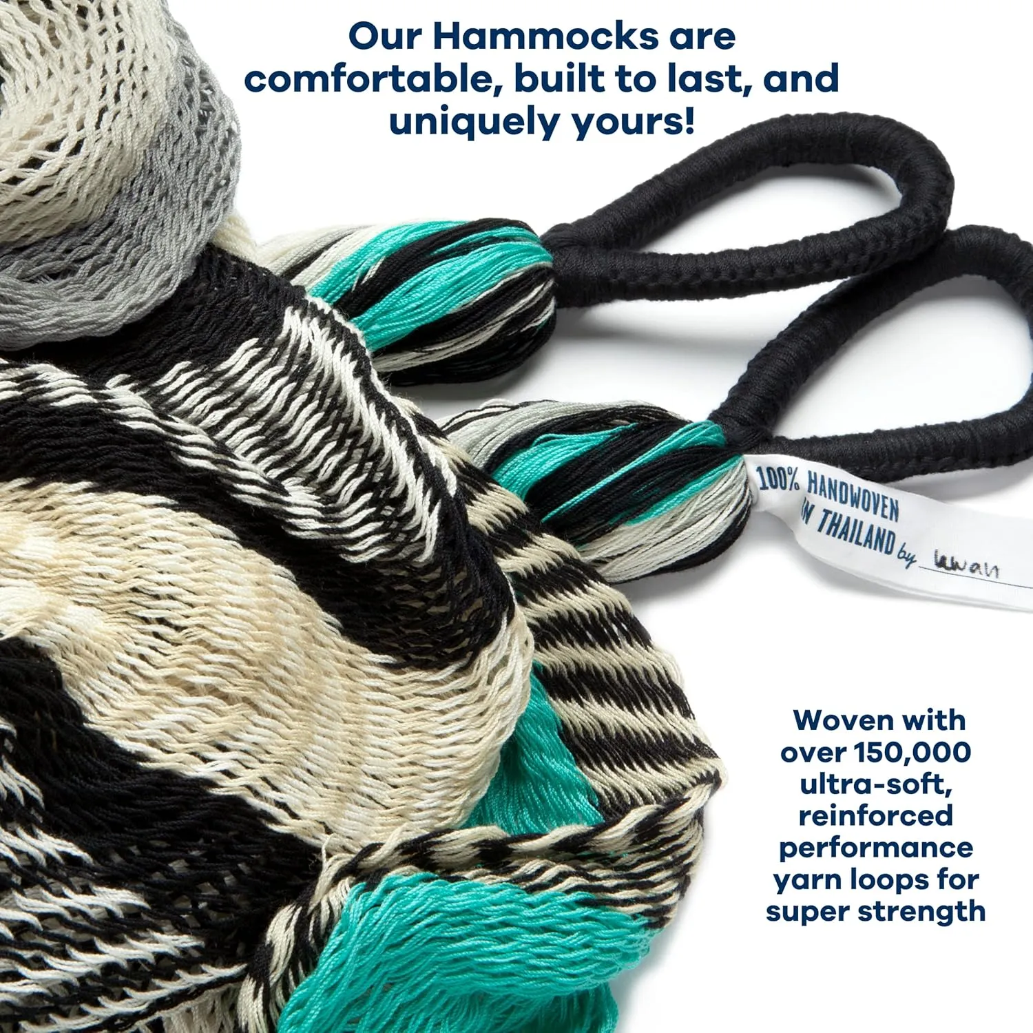 Handwoven Hammock by Yellow Leaf Hammocks - Family Size, Fits 2  PPL, 550lb max - Weathersafe, Super Strong, Easy to Hang, Ultra Soft, Artisan Made - Color: Turquoise - Black -White
