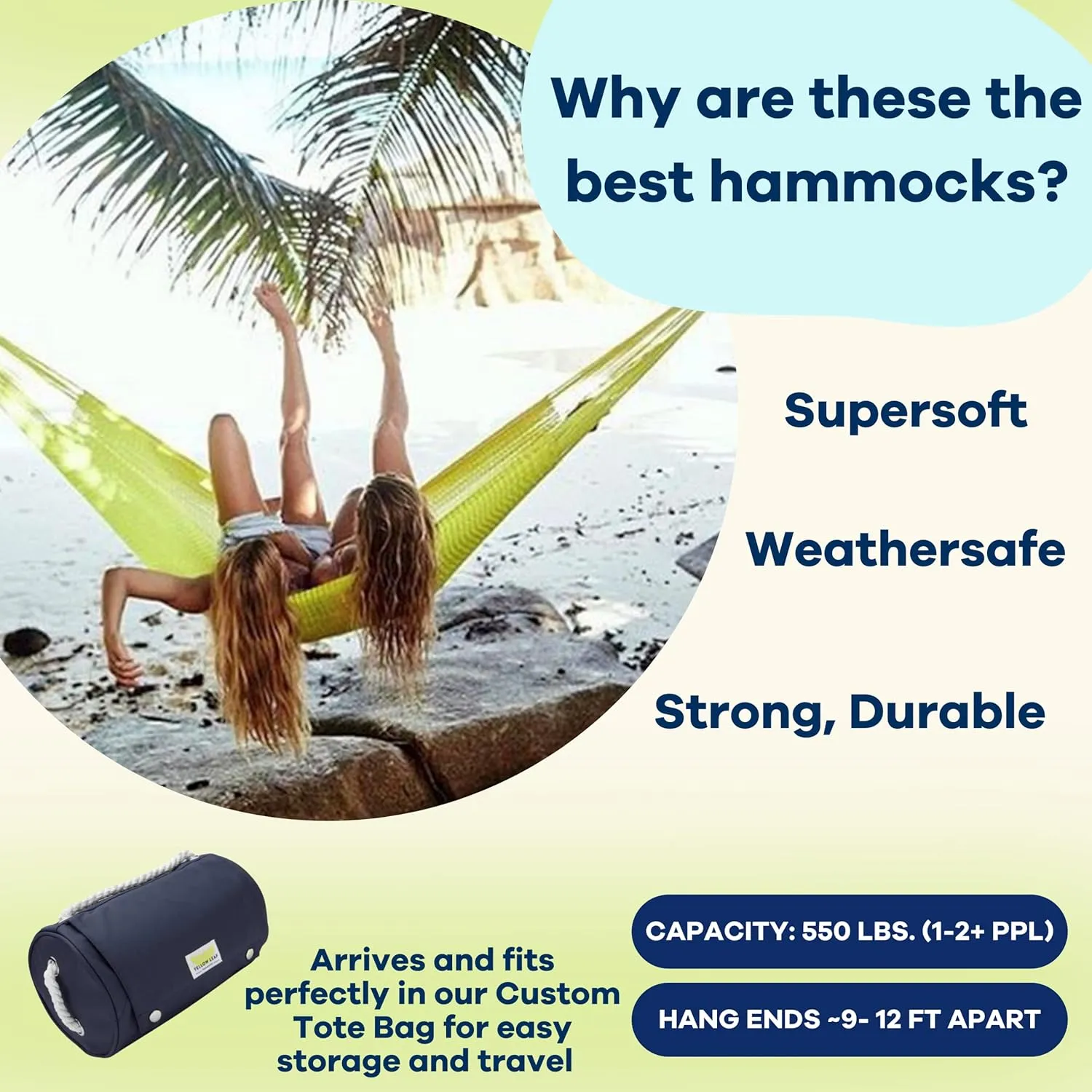 Handwoven Hammock by Yellow Leaf Hammocks - Family Size, Fits 2  PPL, 550lb max - Weathersafe, Super Strong, Easy to Hang, Ultra Soft, Artisan Made - Color: Yellow