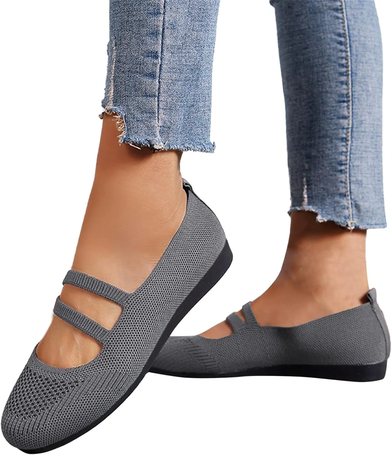 Hbeylia Knitted Ballet Flats for Women Ladies Round Toe Strappy Comfortable Formal Dress Loafers Casual Slip On Walking Driving Shoes for Work Nurse