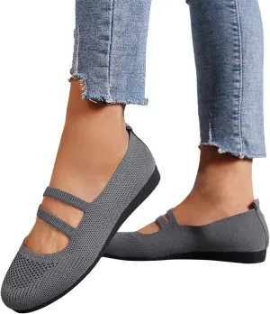 Hbeylia Knitted Ballet Flats for Women Ladies Round Toe Strappy Comfortable Formal Dress Loafers Casual Slip On Walking Driving Shoes for Work Nurse