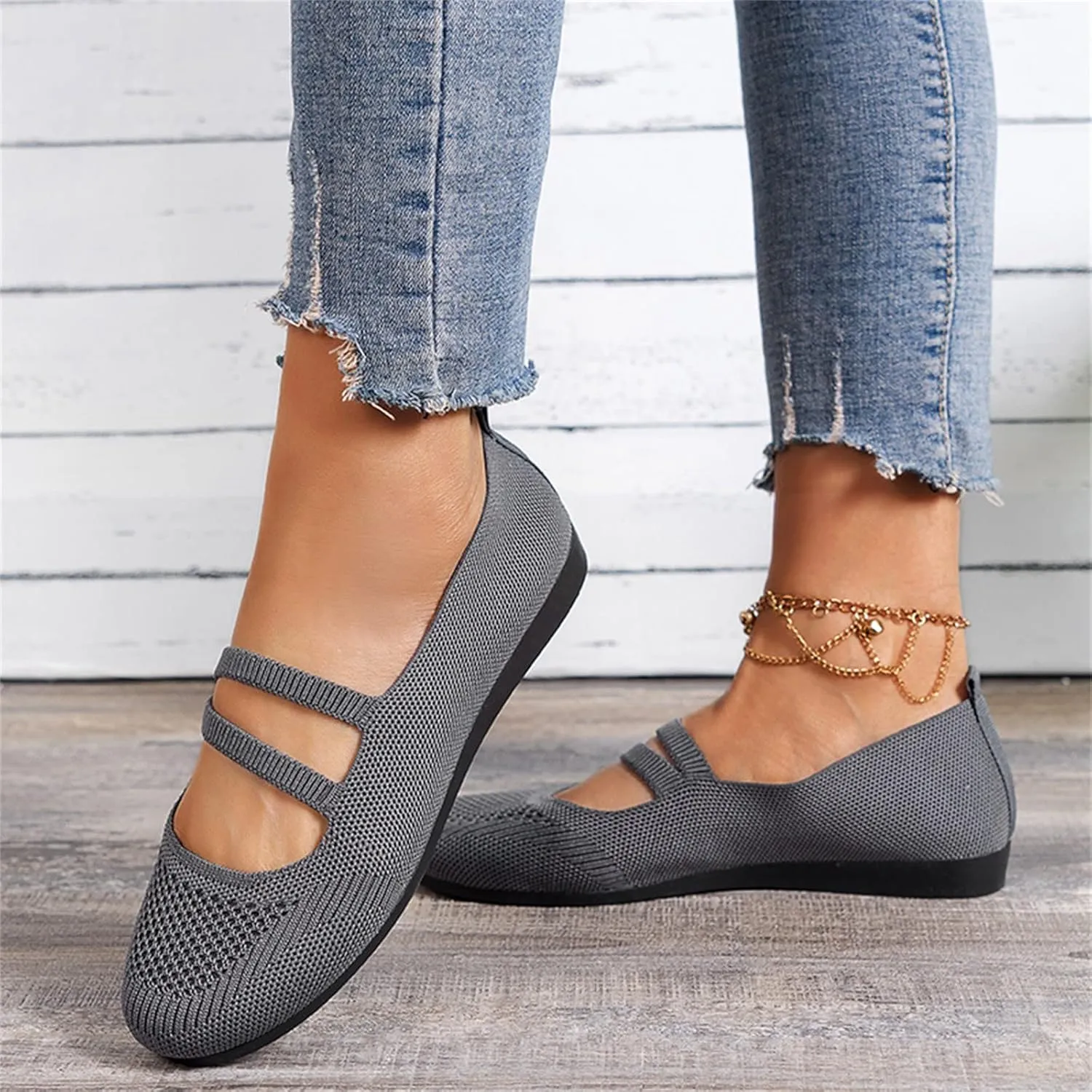 Hbeylia Knitted Ballet Flats for Women Ladies Round Toe Strappy Comfortable Formal Dress Loafers Casual Slip On Walking Driving Shoes for Work Nurse