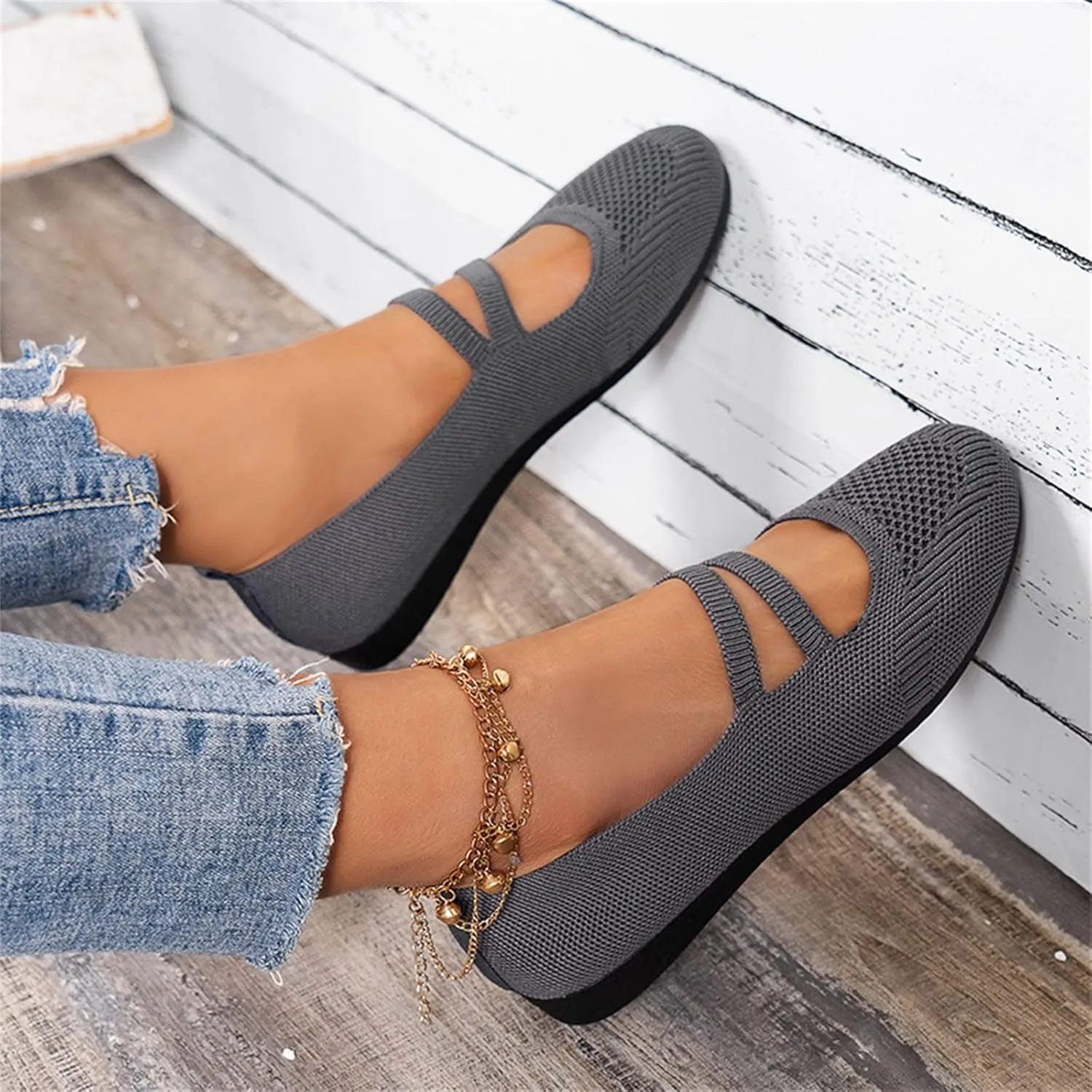 Hbeylia Knitted Ballet Flats for Women Ladies Round Toe Strappy Comfortable Formal Dress Loafers Casual Slip On Walking Driving Shoes for Work Nurse