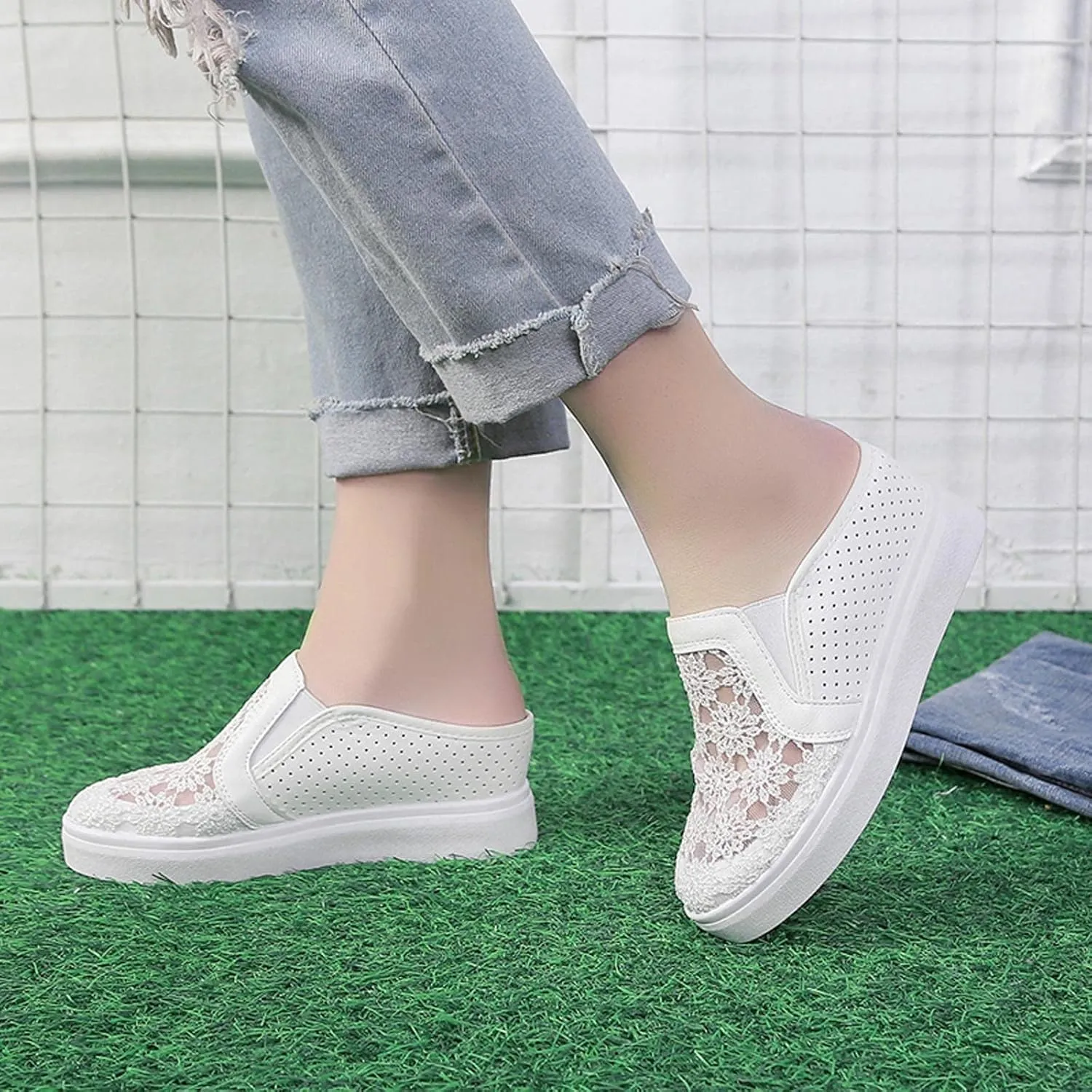 Hbeylia Platform Wedge Sneakers Mules for Women Floral Embroidery Mesh Air Lace Chunky Hidden High Heels Backess Slip On Walking Work Shoes Arch Support Low Top Play Loafers Slides Sandals