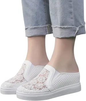 Hbeylia Platform Wedge Sneakers Mules for Women Floral Embroidery Mesh Air Lace Chunky Hidden High Heels Backess Slip On Walking Work Shoes Arch Support Low Top Play Loafers Slides Sandals